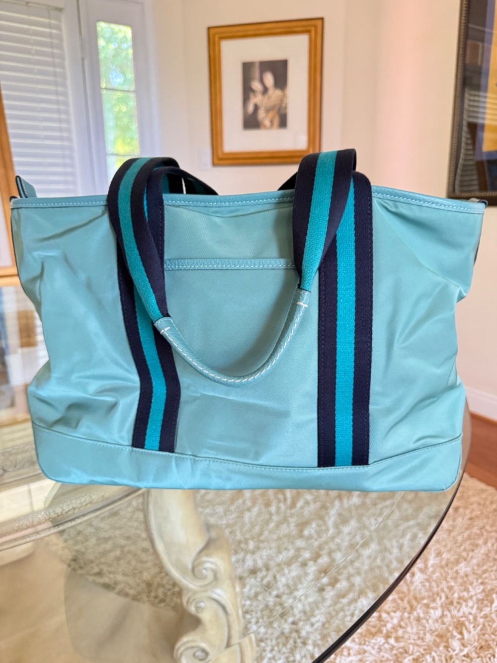COACH CA208 Ellis Tote Bag Teal Nylon Medium Navy Cotton Straps Hang Tag - Picture 9 of 14